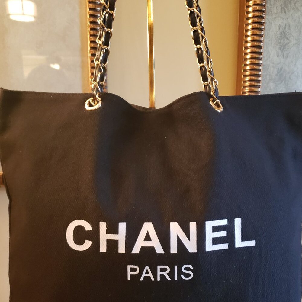 New CC Novelty Black Tote with Gold Chain - Picture 6 of 9